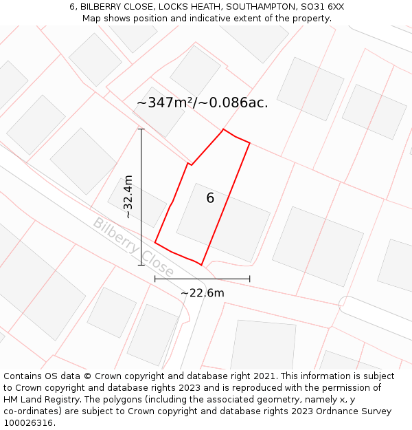 6, BILBERRY CLOSE, LOCKS HEATH, SOUTHAMPTON, SO31 6XX: Plot and title map