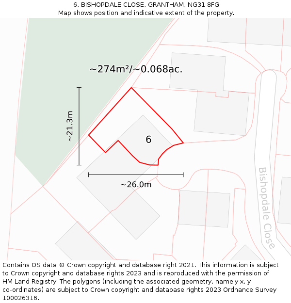 6, BISHOPDALE CLOSE, GRANTHAM, NG31 8FG: Plot and title map