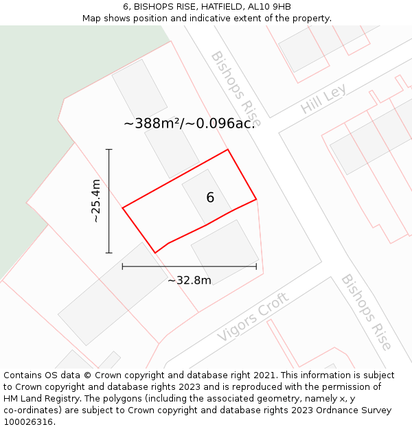 6, BISHOPS RISE, HATFIELD, AL10 9HB: Plot and title map