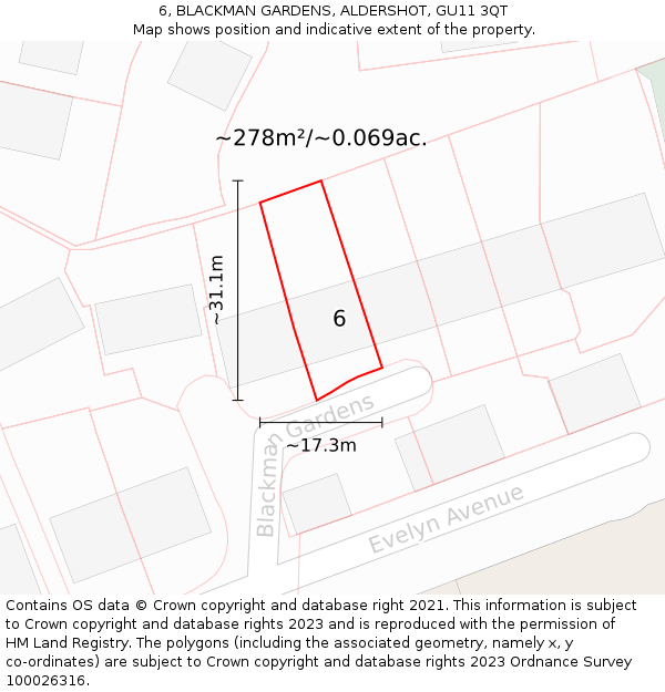 6, BLACKMAN GARDENS, ALDERSHOT, GU11 3QT: Plot and title map