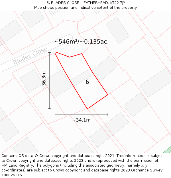 6, BLADES CLOSE, LEATHERHEAD, KT22 7JY: Plot and title map