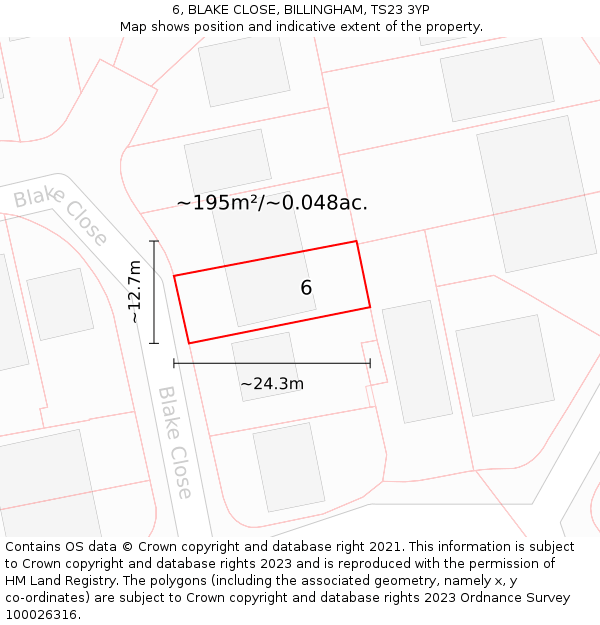 6, BLAKE CLOSE, BILLINGHAM, TS23 3YP: Plot and title map