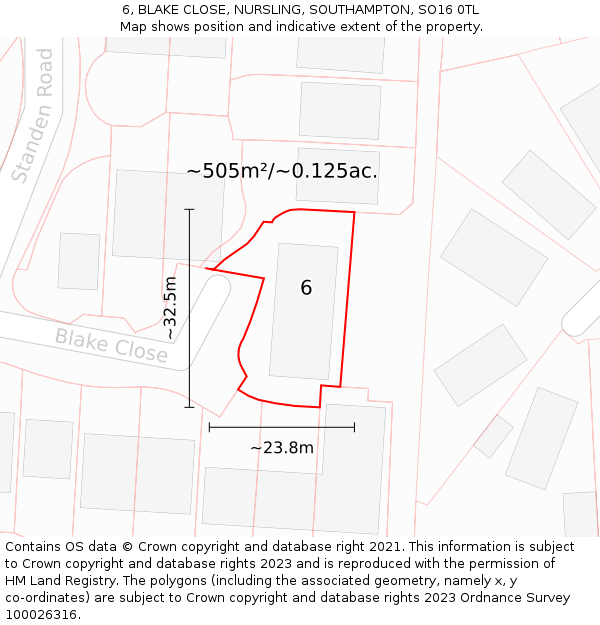 6, BLAKE CLOSE, NURSLING, SOUTHAMPTON, SO16 0TL: Plot and title map