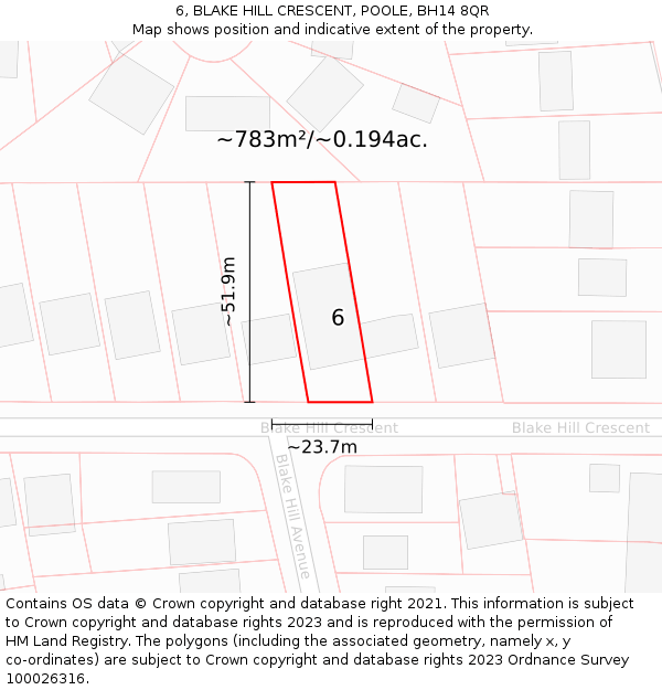 6, BLAKE HILL CRESCENT, POOLE, BH14 8QR: Plot and title map