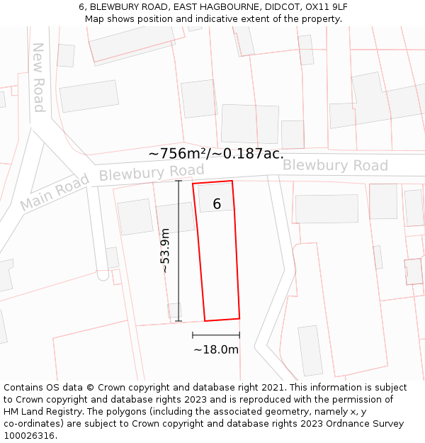 6, BLEWBURY ROAD, EAST HAGBOURNE, DIDCOT, OX11 9LF: Plot and title map