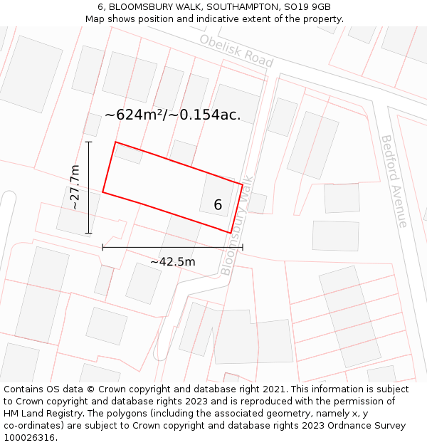 6, BLOOMSBURY WALK, SOUTHAMPTON, SO19 9GB: Plot and title map