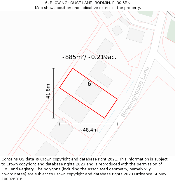 6, BLOWINGHOUSE LANE, BODMIN, PL30 5BN: Plot and title map