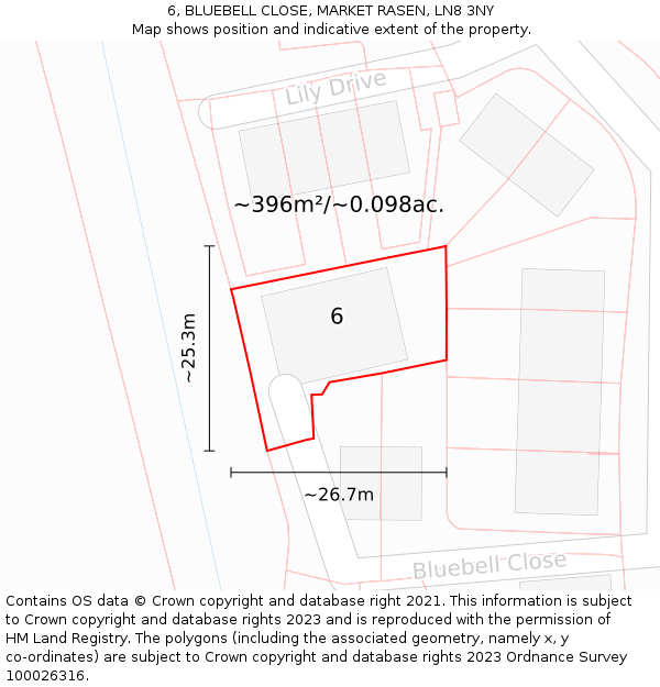 6, BLUEBELL CLOSE, MARKET RASEN, LN8 3NY: Plot and title map