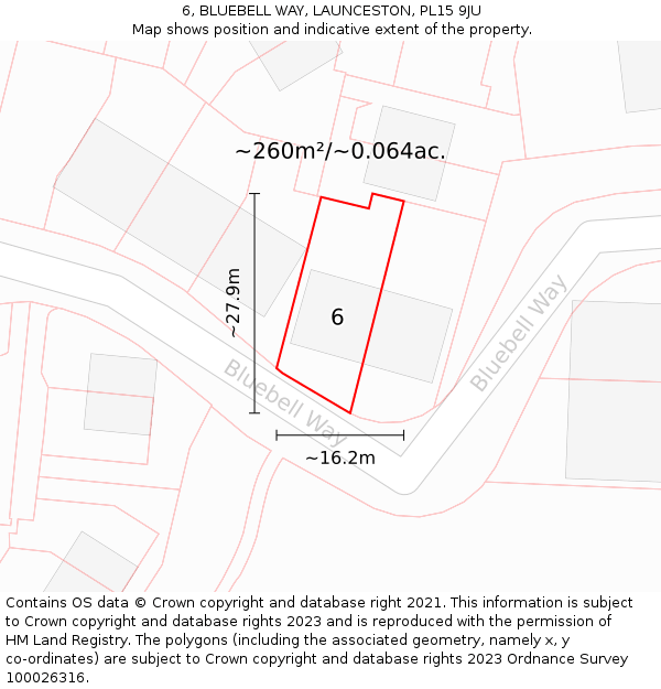 6, BLUEBELL WAY, LAUNCESTON, PL15 9JU: Plot and title map