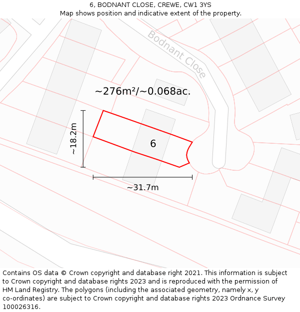 6, BODNANT CLOSE, CREWE, CW1 3YS: Plot and title map