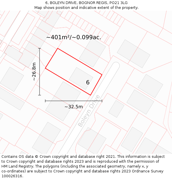 6, BOLEYN DRIVE, BOGNOR REGIS, PO21 3LG: Plot and title map