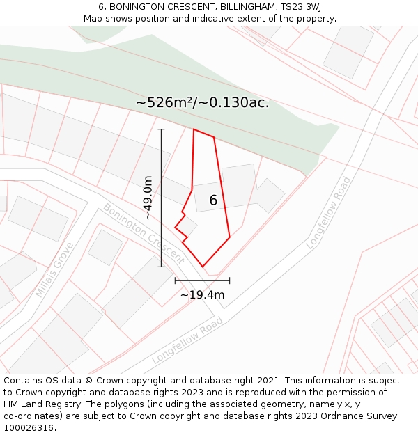 6, BONINGTON CRESCENT, BILLINGHAM, TS23 3WJ: Plot and title map