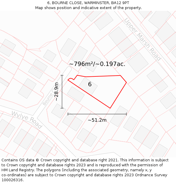 6, BOURNE CLOSE, WARMINSTER, BA12 9PT: Plot and title map