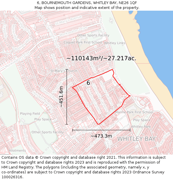 6, BOURNEMOUTH GARDENS, WHITLEY BAY, NE26 1QF: Plot and title map