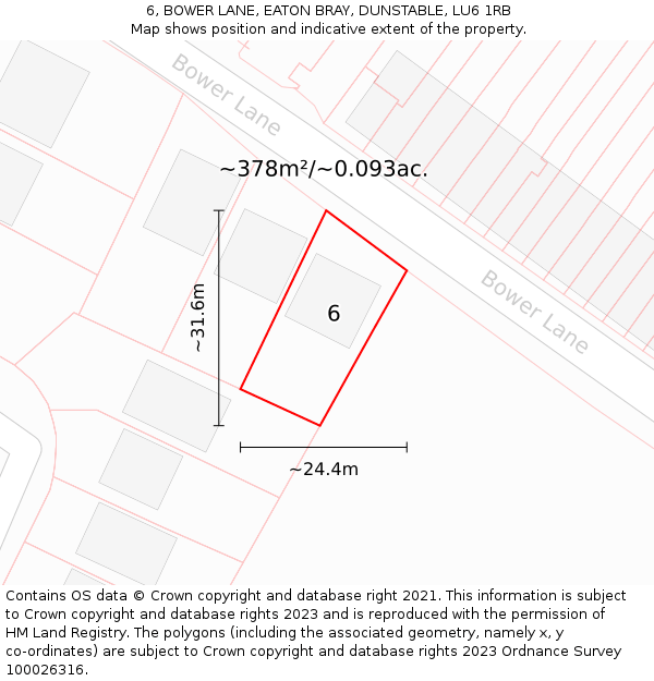 6, BOWER LANE, EATON BRAY, DUNSTABLE, LU6 1RB: Plot and title map