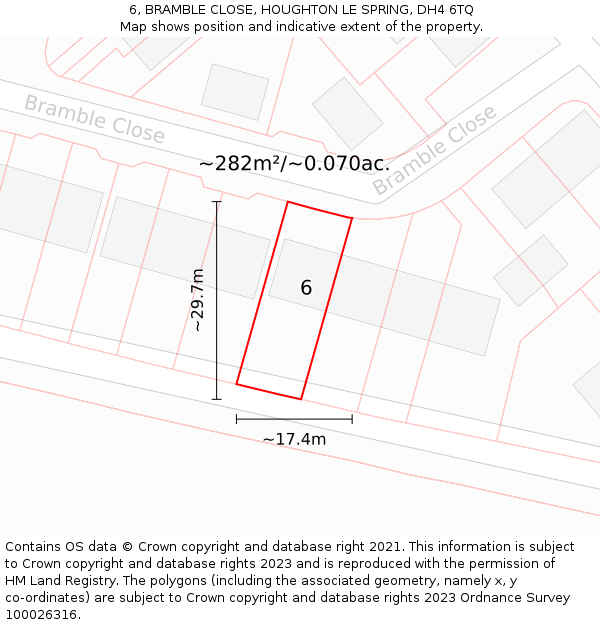 6, BRAMBLE CLOSE, HOUGHTON LE SPRING, DH4 6TQ: Plot and title map