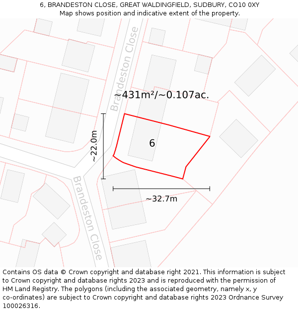 6, BRANDESTON CLOSE, GREAT WALDINGFIELD, SUDBURY, CO10 0XY: Plot and title map