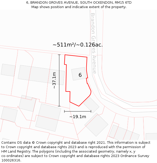 6, BRANDON GROVES AVENUE, SOUTH OCKENDON, RM15 6TD: Plot and title map