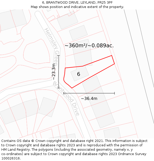 6, BRANTWOOD DRIVE, LEYLAND, PR25 3PF: Plot and title map