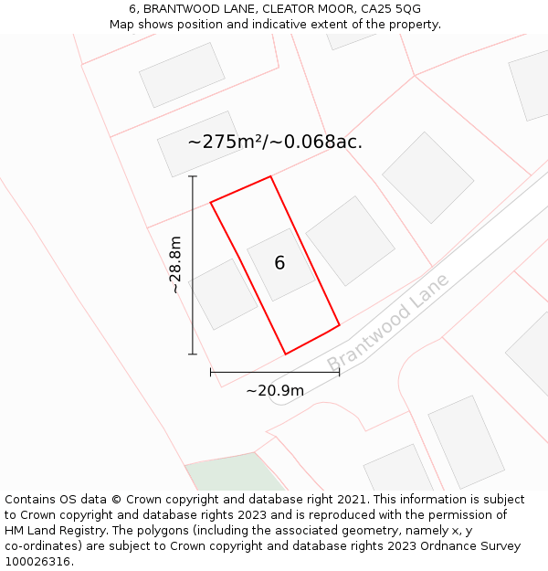 6, BRANTWOOD LANE, CLEATOR MOOR, CA25 5QG: Plot and title map