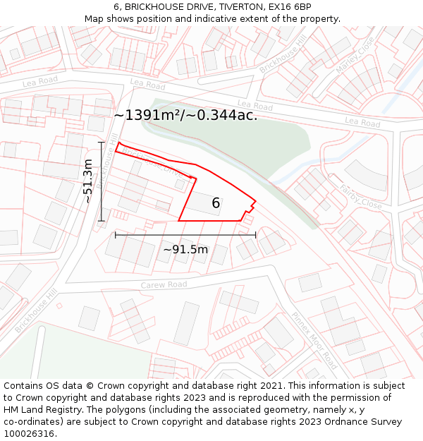 6, BRICKHOUSE DRIVE, TIVERTON, EX16 6BP: Plot and title map