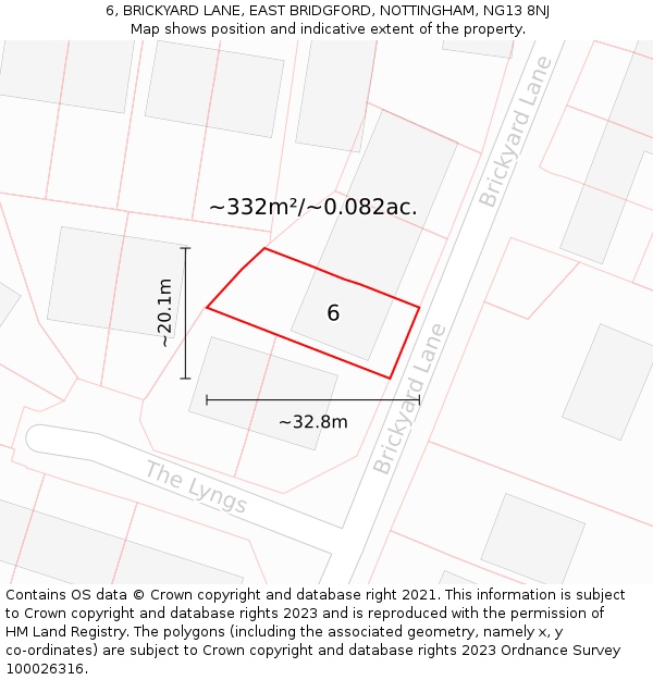 6, BRICKYARD LANE, EAST BRIDGFORD, NOTTINGHAM, NG13 8NJ: Plot and title map