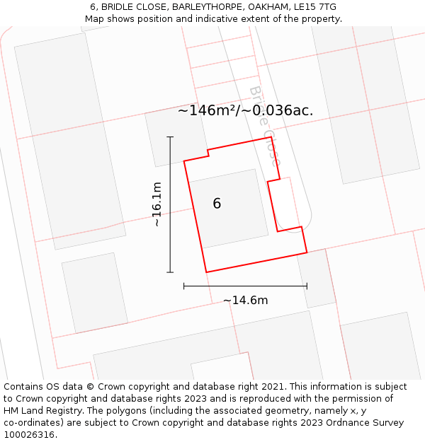 6, BRIDLE CLOSE, BARLEYTHORPE, OAKHAM, LE15 7TG: Plot and title map