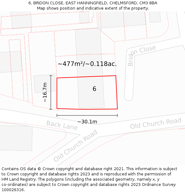 6, BRIDON CLOSE, EAST HANNINGFIELD, CHELMSFORD, CM3 8BA: Plot and title map