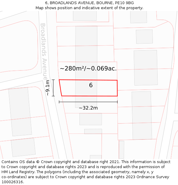 6, BROADLANDS AVENUE, BOURNE, PE10 9BG: Plot and title map