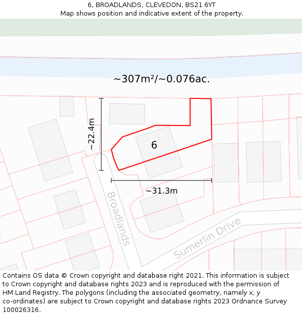 6, BROADLANDS, CLEVEDON, BS21 6YT: Plot and title map