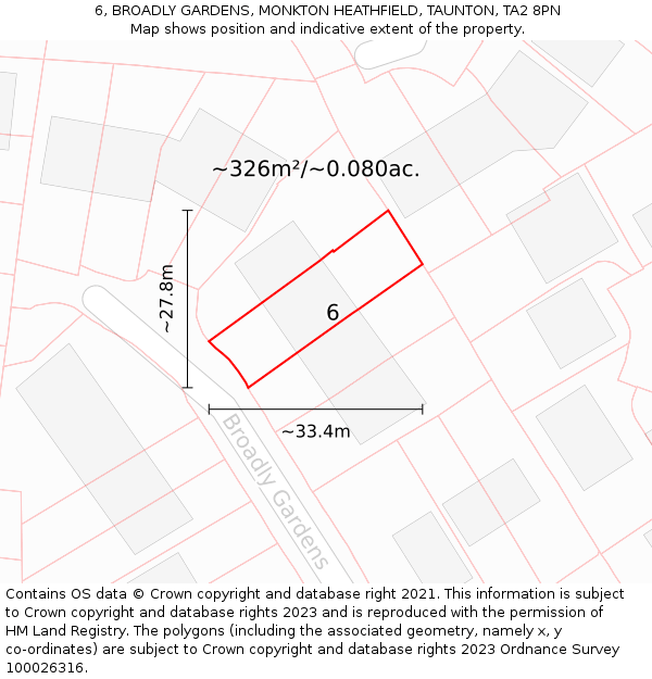 6, BROADLY GARDENS, MONKTON HEATHFIELD, TAUNTON, TA2 8PN: Plot and title map