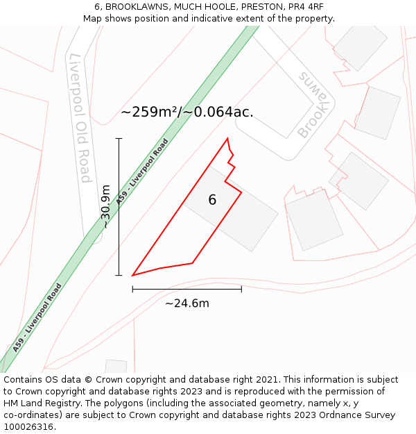 6, BROOKLAWNS, MUCH HOOLE, PRESTON, PR4 4RF: Plot and title map