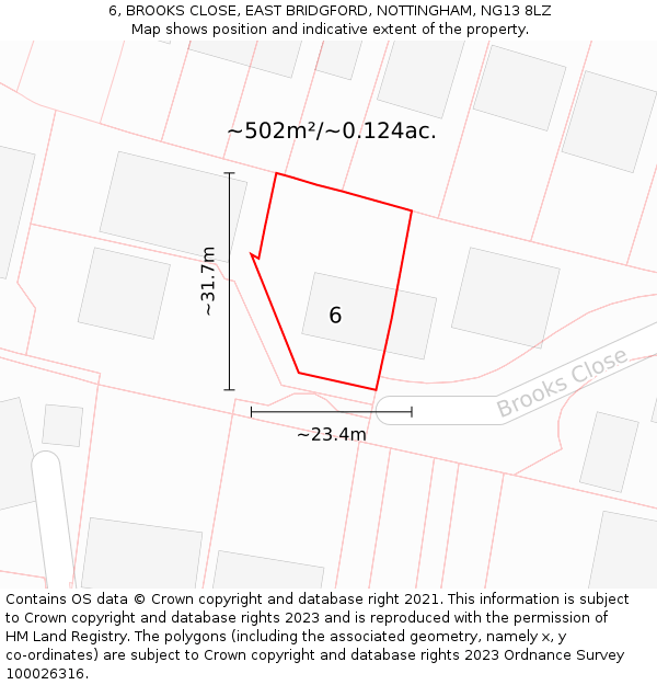 6, BROOKS CLOSE, EAST BRIDGFORD, NOTTINGHAM, NG13 8LZ: Plot and title map