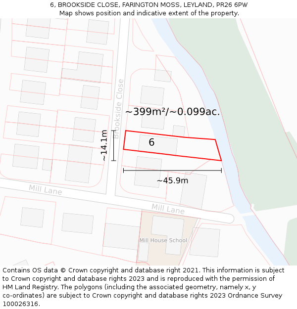 6, BROOKSIDE CLOSE, FARINGTON MOSS, LEYLAND, PR26 6PW: Plot and title map
