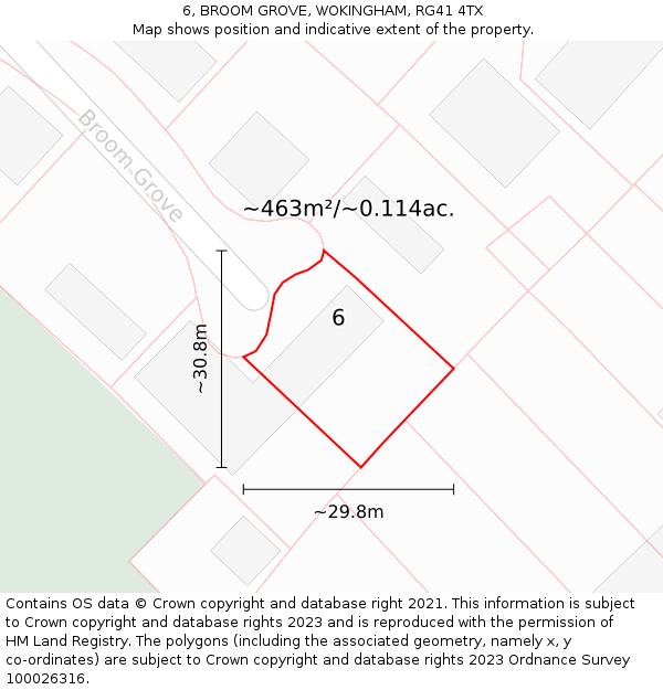 6, BROOM GROVE, WOKINGHAM, RG41 4TX: Plot and title map