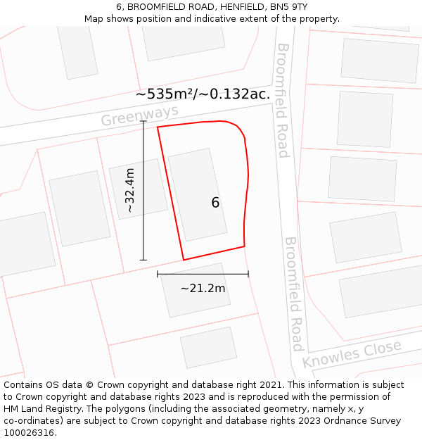 6, BROOMFIELD ROAD, HENFIELD, BN5 9TY: Plot and title map