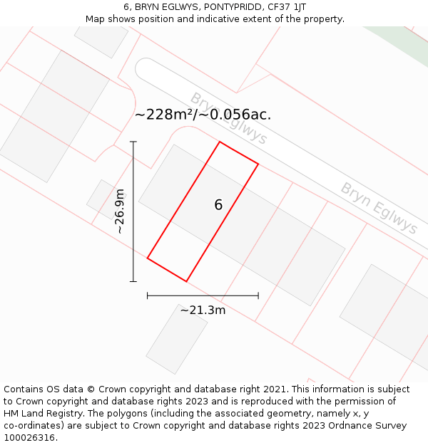 6, BRYN EGLWYS, PONTYPRIDD, CF37 1JT: Plot and title map