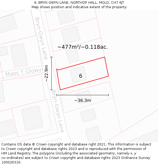 6, BRYN GWYN LANE, NORTHOP HALL, MOLD, CH7 6JT: Plot and title map