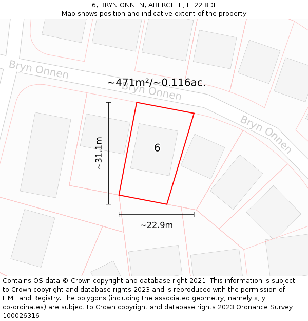 6, BRYN ONNEN, ABERGELE, LL22 8DF: Plot and title map