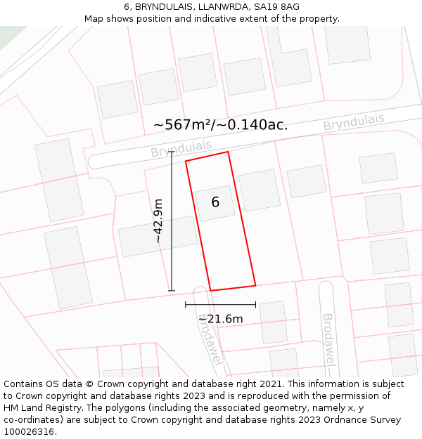 6, BRYNDULAIS, LLANWRDA, SA19 8AG: Plot and title map