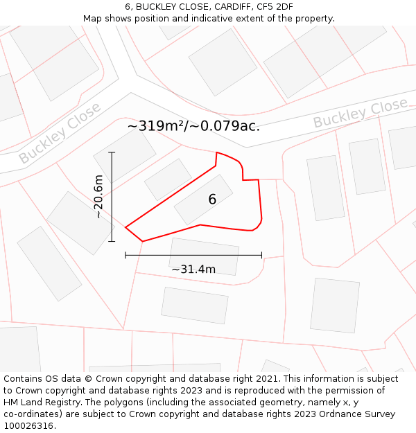 6, BUCKLEY CLOSE, CARDIFF, CF5 2DF: Plot and title map