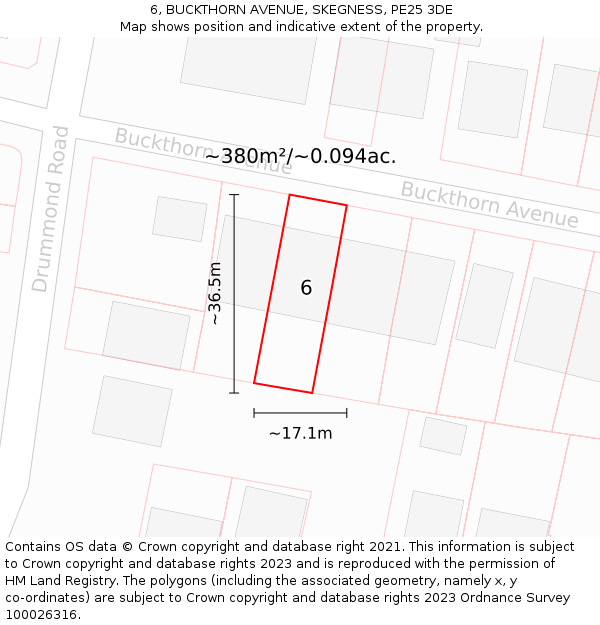 6, BUCKTHORN AVENUE, SKEGNESS, PE25 3DE: Plot and title map