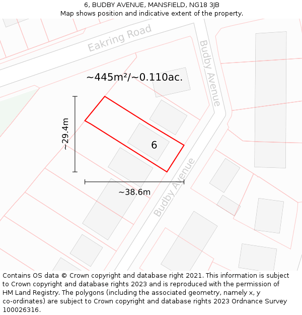 6, BUDBY AVENUE, MANSFIELD, NG18 3JB: Plot and title map