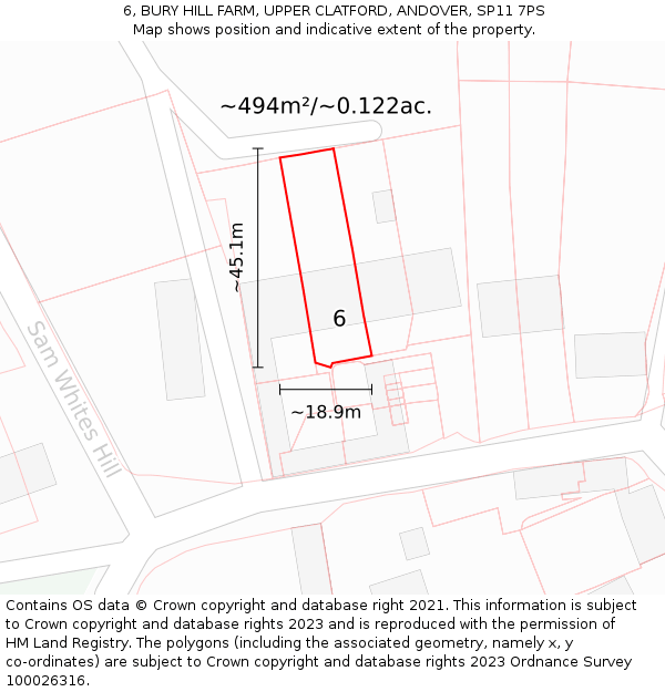 6, BURY HILL FARM, UPPER CLATFORD, ANDOVER, SP11 7PS: Plot and title map