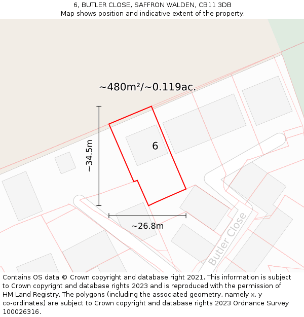 6, BUTLER CLOSE, SAFFRON WALDEN, CB11 3DB: Plot and title map