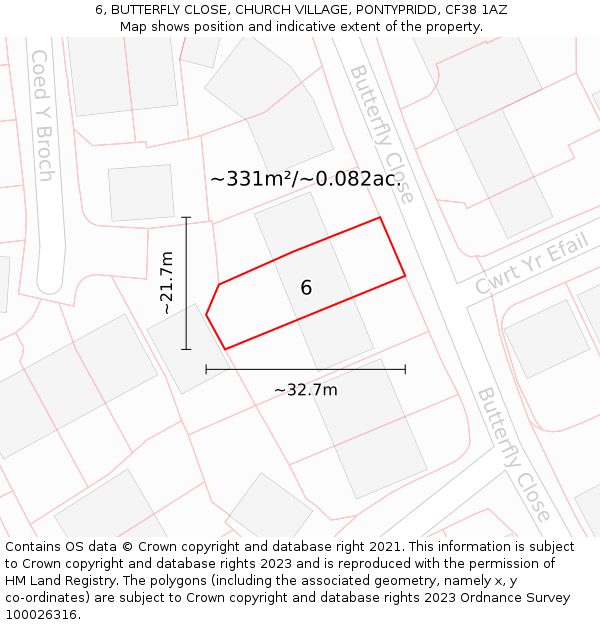 6, BUTTERFLY CLOSE, CHURCH VILLAGE, PONTYPRIDD, CF38 1AZ: Plot and title map