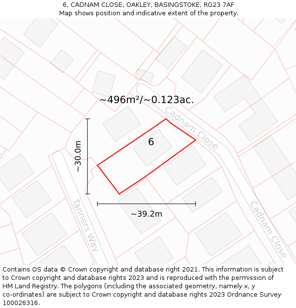 6, CADNAM CLOSE, OAKLEY, BASINGSTOKE, RG23 7AF: Plot and title map