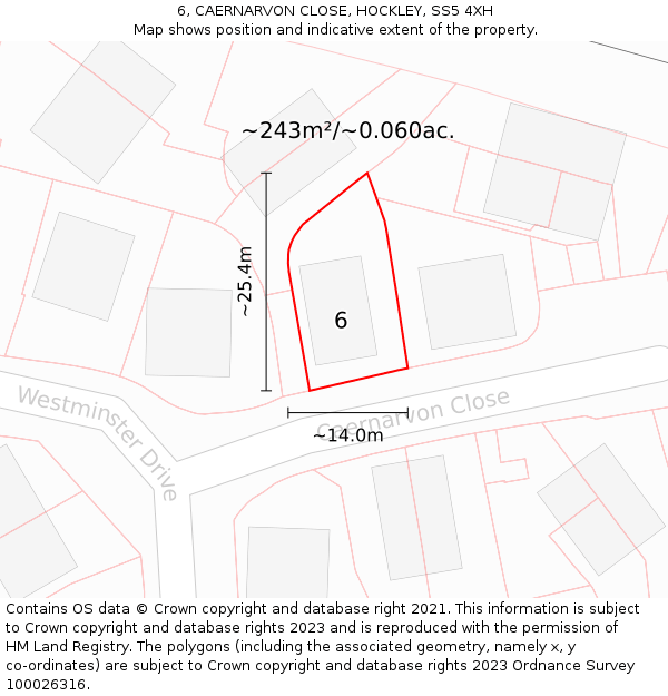 6, CAERNARVON CLOSE, HOCKLEY, SS5 4XH: Plot and title map