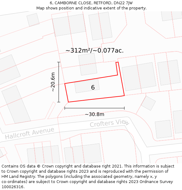 6, CAMBORNE CLOSE, RETFORD, DN22 7JW: Plot and title map