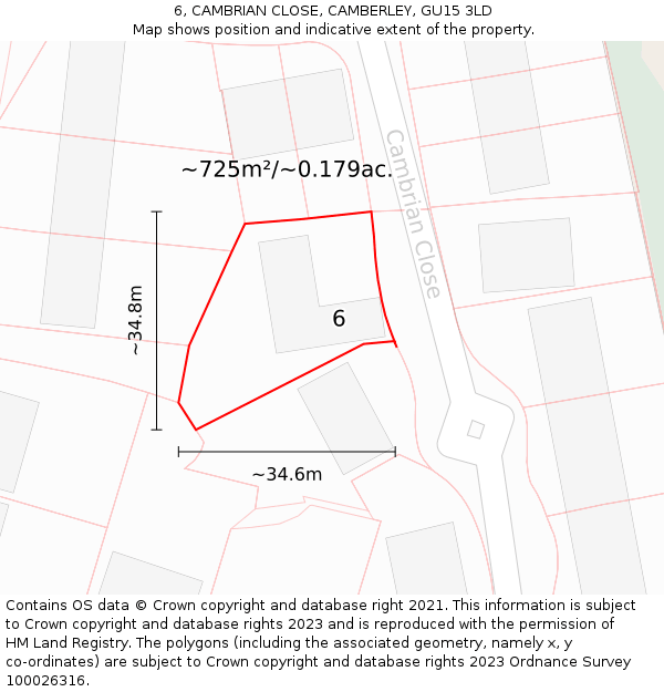 6, CAMBRIAN CLOSE, CAMBERLEY, GU15 3LD: Plot and title map